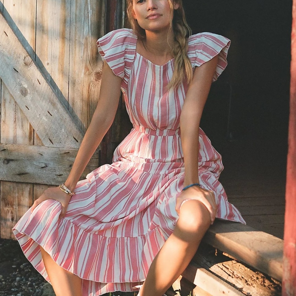 Anthropologie Pink and White Striped Midi Dress